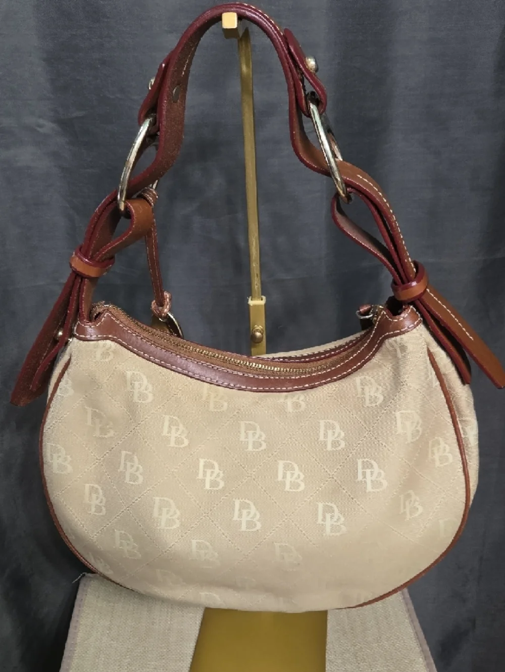 EUC Dooney & Bourke Beige and Brown Crescent Hobo with Orange Logo Charm